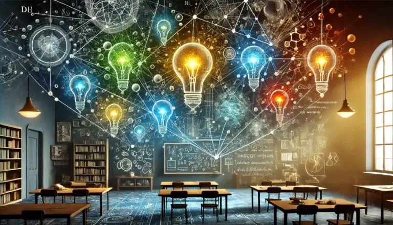 Ein abstraktes, querformatiges Kunstwerk, das die Vielfalt von Gedanken und wissenschaftlicher Debatte darstellt. Glühende, miteinander verbundene Linien formen ein Netzwerk von Ideen, mit leuchtenden Knotenpunkten in Farben wie Blau, Grün, Gelb und Rot, die verschiedene Perspektiven symbolisieren. Der Hintergrund zeigt eine futuristische Bibliothek oder ein Labor mit subtilen Elementen wie Büchern, Tafeln und Formeln, die intellektuelle Erkundung andeuten. Sanftes, diffuses Licht beleuchtet die Szene und steht für Erleuchtung und Entdeckung.