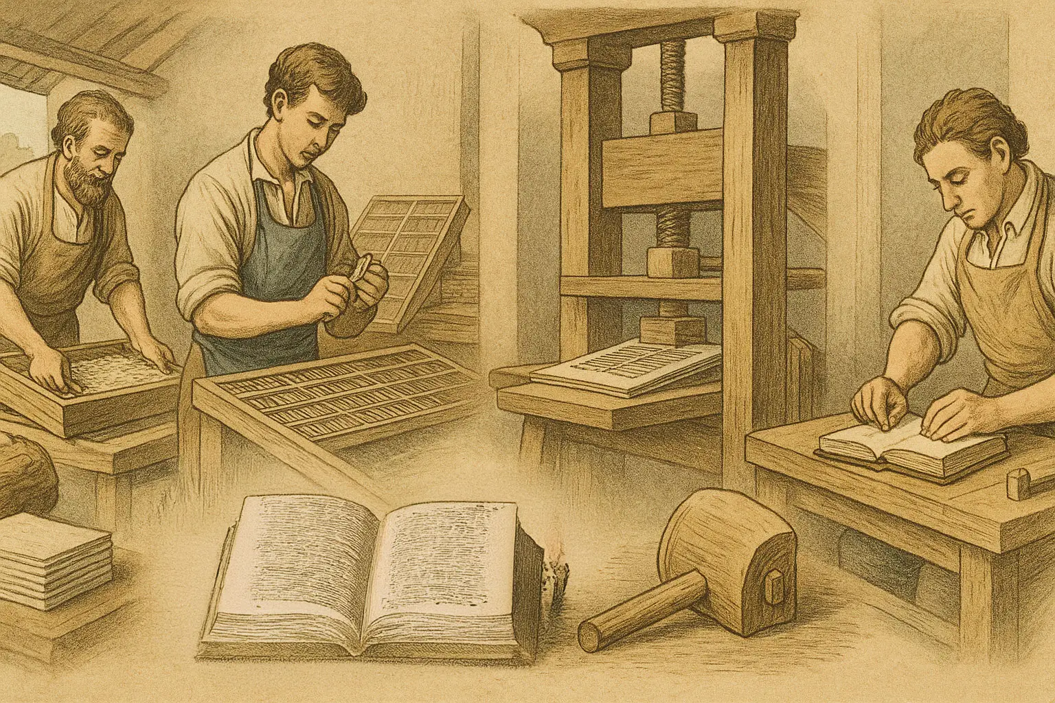 Die Geburt eines Buches ist ein Werk kollektiver Meisterschaft: Von der Papierherstellung über den Bleisatz bis zur Bindung steckt in jedem Schritt der Wille, Wissen festzuhalten – über Generationen hinweg.