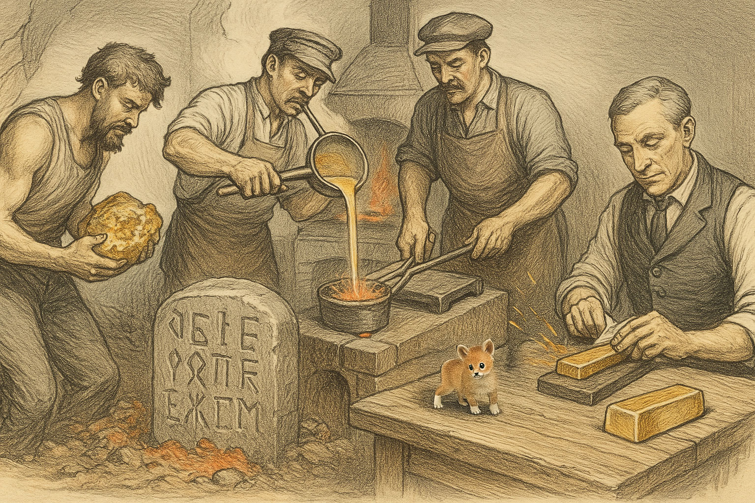 Die wahre Schönheit von Gold liegt nicht im Glanz, sondern in der Arbeit, die es zu dem macht, was es ist. Das Schmelzen, Reinigen und Polieren ist Ausdruck eines uralten Strebens: das Ewige aus dem Vergänglichen zu lösen.