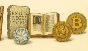 Von Runen und Steintafeln über Bücher, Gold und Diamanten bis hin zu Bitcoin: Die Menschheit sucht seit jeher nach Wegen, Information dem Vergehen zu entreißen. Dieses Bild zeigt den uralten Weg hin zum ersten wirklich unvergänglichen Informationsspeicher.