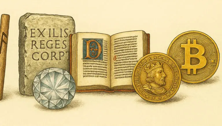 Von Runen und Steintafeln über Bücher, Gold und Diamanten bis hin zu Bitcoin: Die Menschheit sucht seit jeher nach Wegen, Information dem Vergehen zu entreißen. Dieses Bild zeigt den uralten Weg hin zum ersten wirklich unvergänglichen Informationsspeicher.