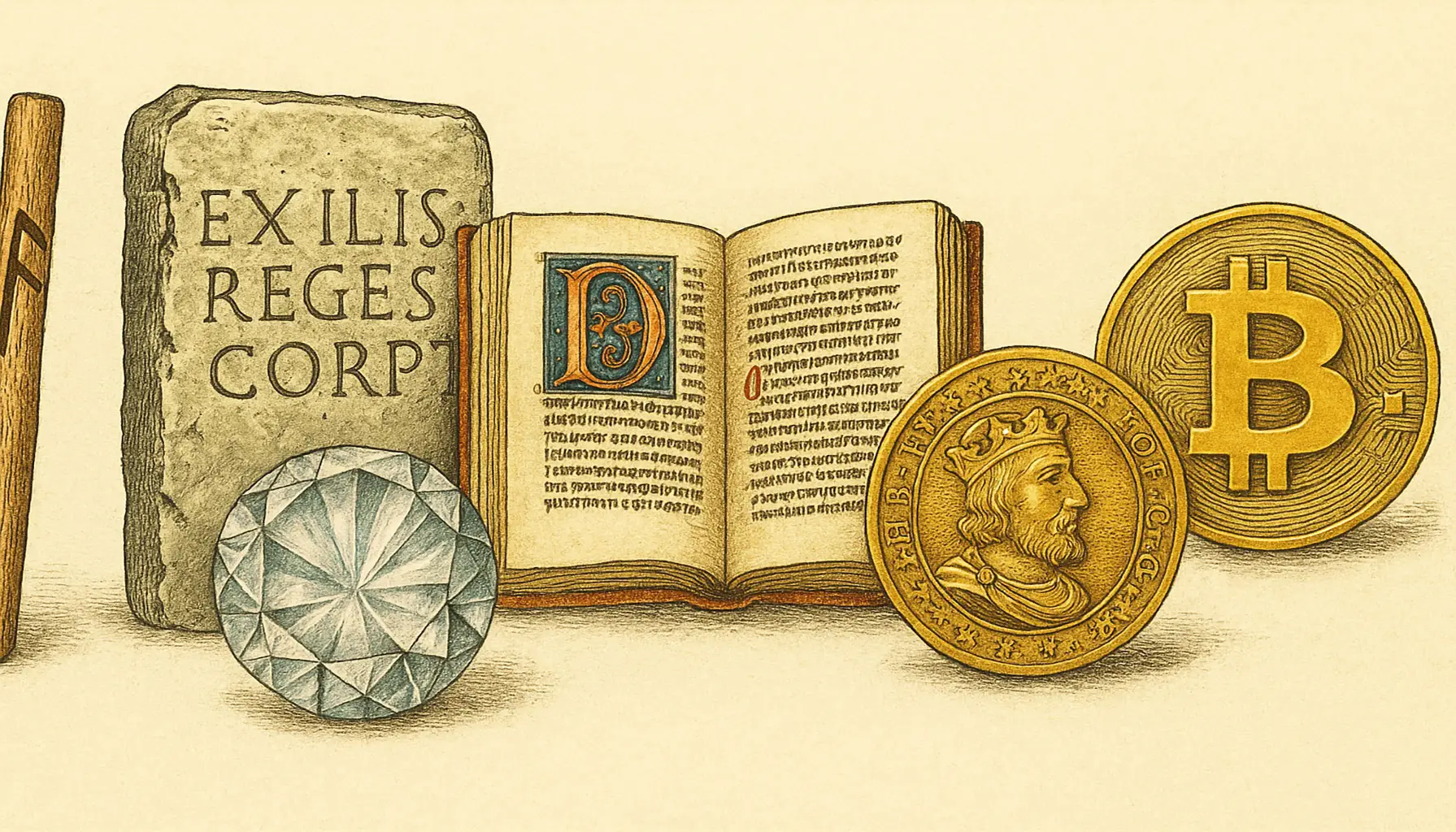 Von Runen und Steintafeln über Bücher, Gold und Diamanten bis hin zu Bitcoin: Die Menschheit sucht seit jeher nach Wegen, Information dem Vergehen zu entreißen. Dieses Bild zeigt den uralten Weg hin zum ersten wirklich unvergänglichen Informationsspeicher.
