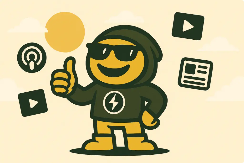 Illustration von Nobi, einem gelben Cartoon-Charakter mit Brille und Bitcoin-Lightning-Hoodie, in einer digitalen Medienwelt mit Symbolen für Podcasts, Videos, Bilder und Nachrichten – vor einem hellen Himmel mit Wolken und grüner Landschaft, im Querformat.
