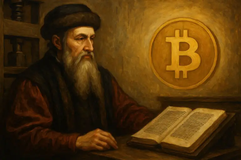 Johannes Gutenberg erfand den Buchdruck nicht – sondern die Standardisierung der Schrift. Genauso standardisierte Satoshi Nakamoto das digitale Geld mit Bitcoin. Dieser Essay zeigt die verblüffenden Parallelen zweier Revolutionen, die die Welt veränderten.