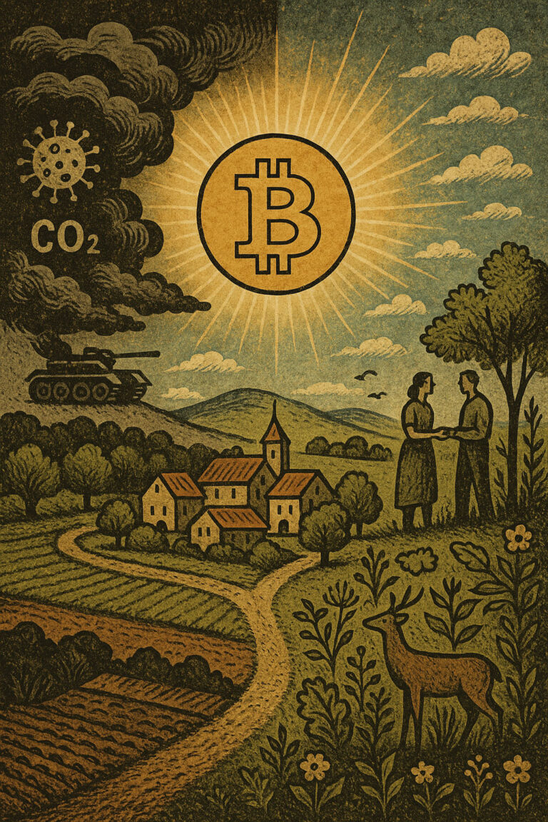 Corona, Klima, Krieg spalten. Doch wir können neue Geschichten wählen: Kooperation, Regeneration und Bitcoin als Befreiung.
