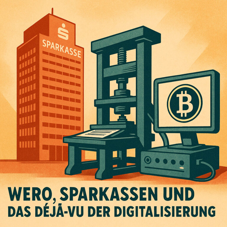 Die Sparkassen starten WERO als „europäische Antwort“ auf den digitalen Euro – und wiederholt sich die Geschichte: Zentralisierung, Kontrollwahn, Angst vor echter Innovation. Wie einst die Verlage das Internet verschliefen, verschlafen Banken heute Bitcoin – und das Individuum wird zum lachenden Dritten.