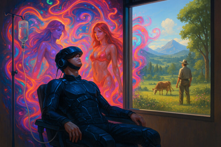 Maximal zynische Hochkultur-Satire über Lockdowns, KI-Welten, LSD-Infusionen, digitales D€-Grundeinkommen mit Verfallsdatum, virtuelle Partner und Bitcoin. Warum 80% der Menschen drinnen glücklich werden – und die Natur draußen endlich regeneriert.