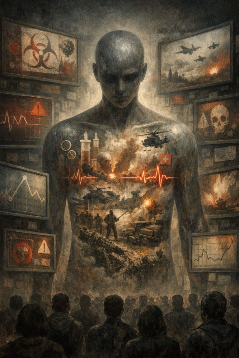 Ein Essay über Massennarrative, Angst, Massenpsychose, den Körper als Schlachtfeld und warum Krankheit und Krieg ein kaputtes Geldsystem stabilisieren.